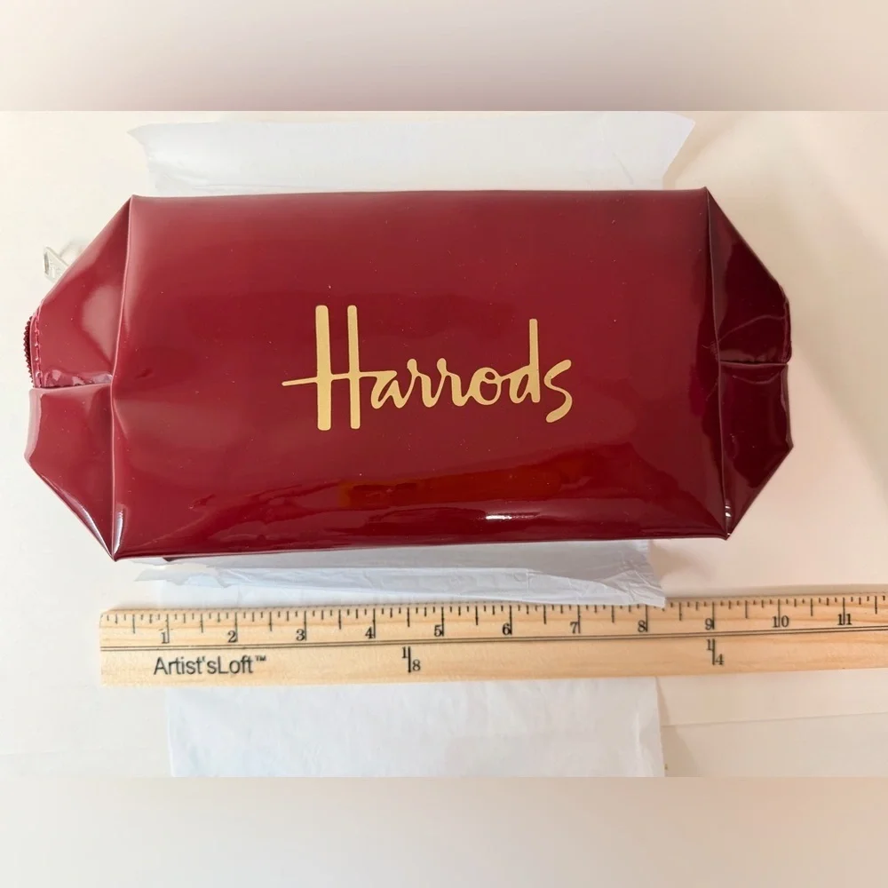 Harrods Burgundy Gloss Makeup Bag | Branded Zipper Cosmetic Pouch